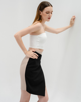 TIANA – Two-Tone Asymmetric Skirt in Black & Beige