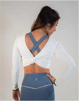 BYO ACTIVE - FORGET ME KNOT LONG SLEEVED CROP IN WHITE & BLUE