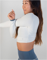 BYO ACTIVE - FORGET ME KNOT LONG SLEEVED CROP IN WHITE & BLUE