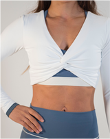 BYO ACTIVE - FORGET ME KNOT LONG SLEEVED CROP IN WHITE & BLUE