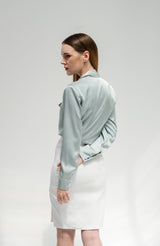 TIANA – Satin Shirt with Bow Tie in Light Blue