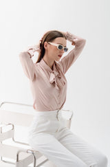 TIANA – Satin Shirt with Bow Tie in Rose Pink