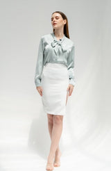 TIANA – Satin Shirt with Bow Tie in Light Blue