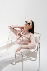 TIANA – Satin Shirt with Bow Tie in Rose Pink