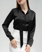 TIANA – Satin Shirt with Bow Tie in Black