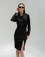 TIANA – Satin Shirt with Bow Tie in Black