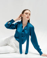 TIANA – Satin Shirt with Bow Tie in Cobalt Blue