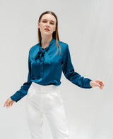 TIANA – Satin Shirt with Bow Tie in Cobalt Blue