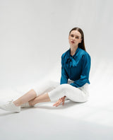 TIANA – Satin Shirt with Bow Tie in Cobalt Blue