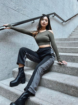Wiskii - Seamless Open Back Long Sleeves Padded Top in Olive Green