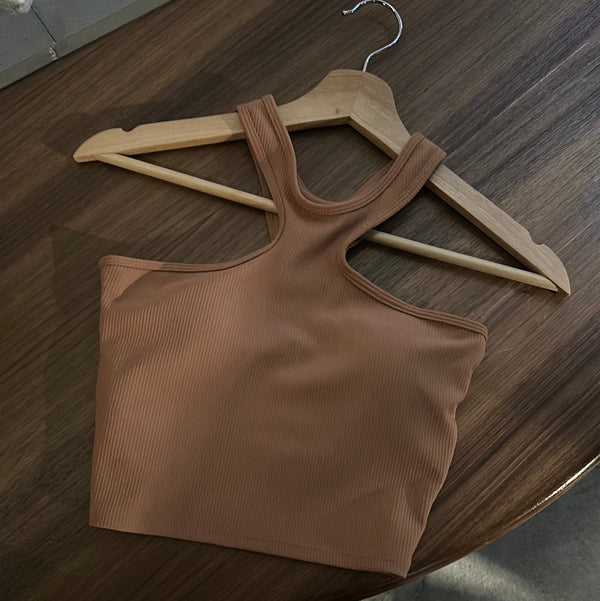 GYM & TONIC - High Neck Padded Top in Caramel