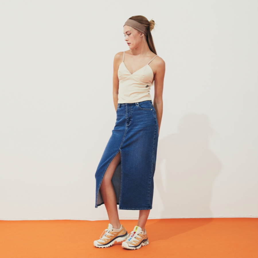TIANA – Denim Midi Open Slit Skirt – Gym & Tonic