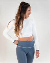 BYO ACTIVE - FORGET ME KNOT LONG SLEEVED CROP IN WHITE & BLUE