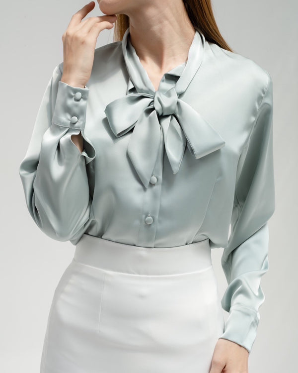 TIANA – Satin Shirt with Bow Tie in Light Blue