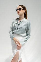 TIANA – Satin Shirt with Bow Tie in Light Blue