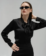 TIANA – Satin Shirt with Bow Tie in Black