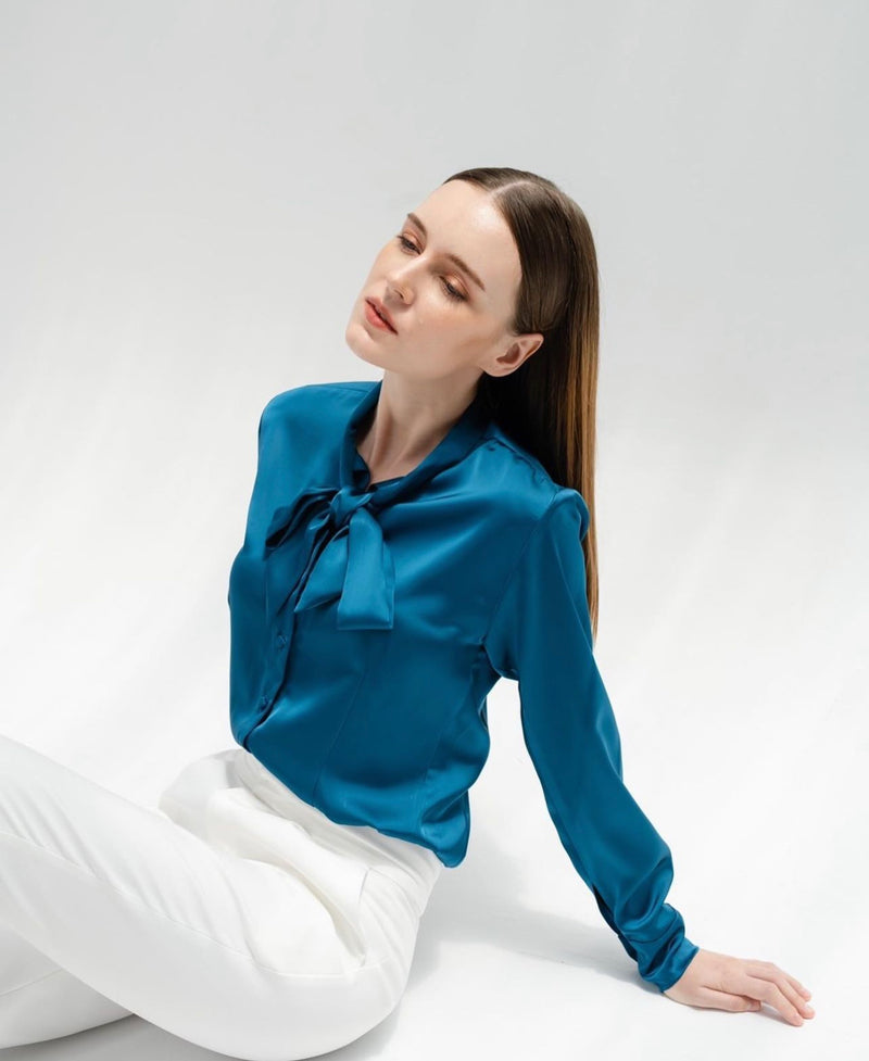 TIANA – Satin Shirt with Bow Tie in Cobalt Blue – Gym & Tonic