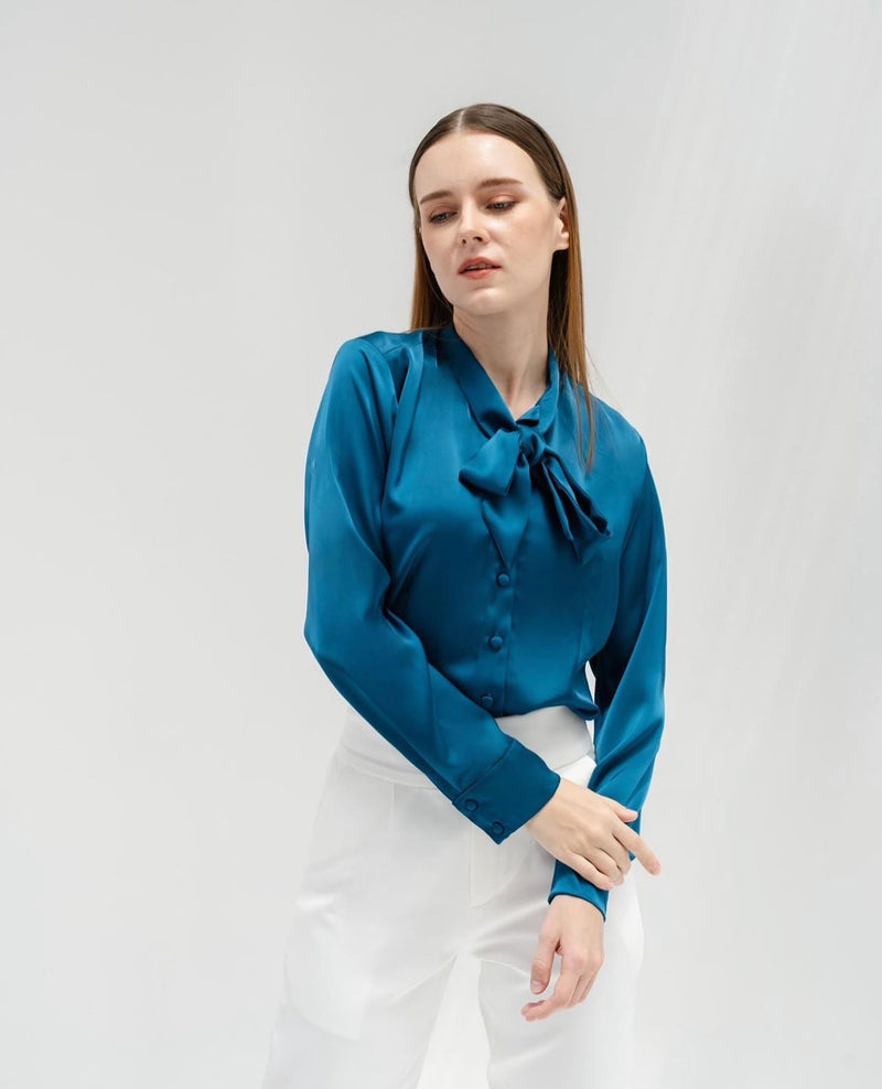TIANA – Satin Shirt with Bow Tie in Cobalt Blue