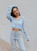 GYM & TONIC - Snowflakes Distressed Knit Cardigan in Blue